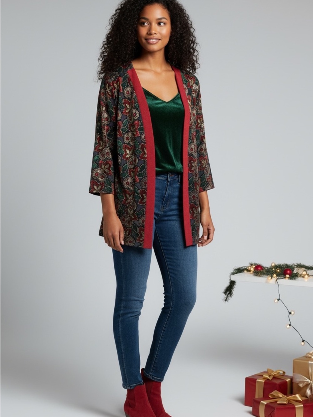 Vintage Floral Jewel Tone Holiday Season Jacquard Open Cardigan w Burgundy Trim